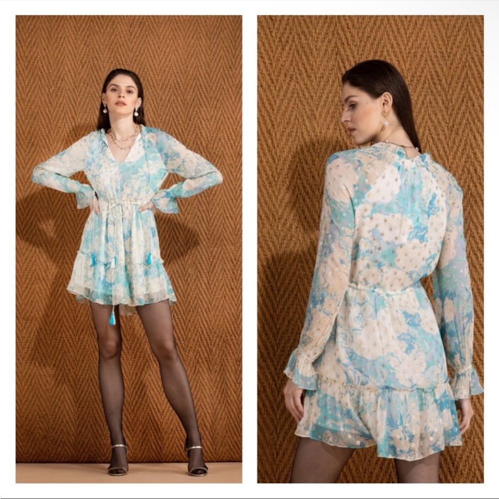 Hemant & Nandita Blush Ruffled Chiffon Long Sleeves Mini Dress Blue